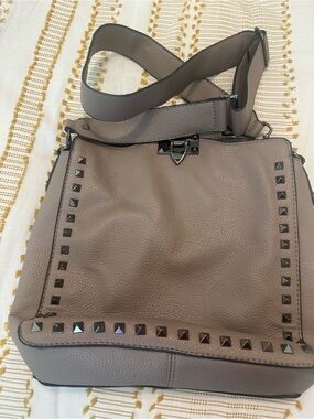 Stud-Trim Taupe Crossbody Shoulder Bag